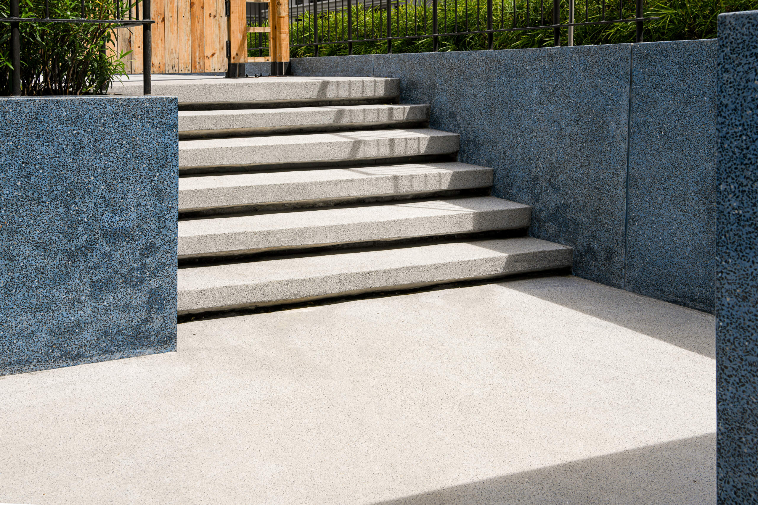 Outdoor steps with terrazzo material. Flooring and Wall with ter